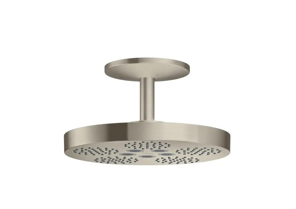 AXOR Kopfbrause mit Deckenanschluss in gebürstetem Nickel, runde Form mit zwei Strahlarten, geeignet für moderne Badezimmerinstallationen.